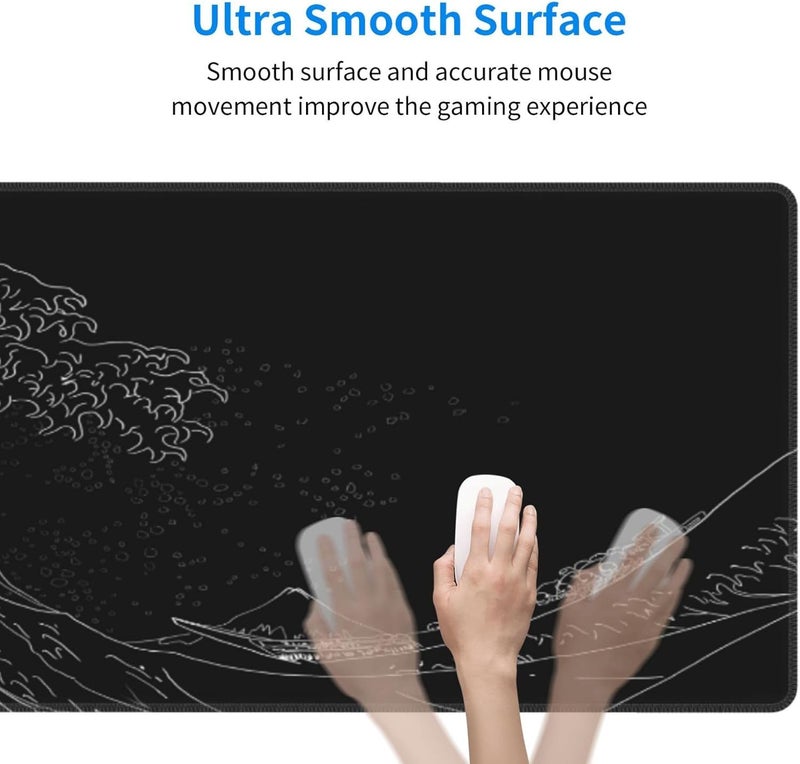 Brecoy Japanese Gaming Mouse Pad Black Mouse Pad Kanagawa Large Mousepad Non-Slip Rubber Base Waterproof with Stitched Edges for Gaming Office Home, 31.5x11.8 Inch (Black Wave) - Image 3